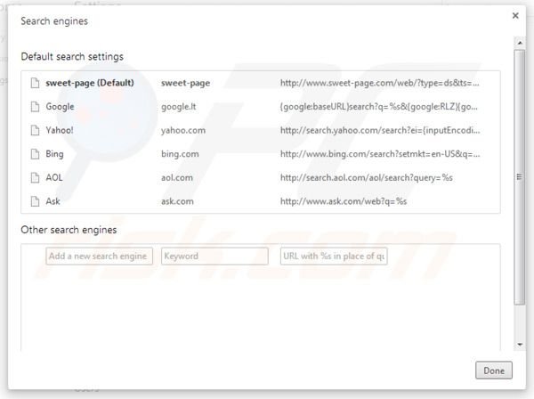 sweet-page.com von den Google Chrome Standardsuchmaschinen Einstellungen entfernen