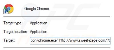 sweet-page.com von den Google Chrome Verknüpfungszielen entfernen Schritt 2