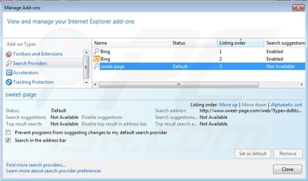 sweet-page.com von den Internet Explorer Standardsuchmaschineneinstellungen entfernen