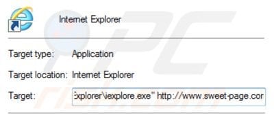  sweet-page.com vom Internet Explorer Verknüpfungsziel entfernen Schritt 2