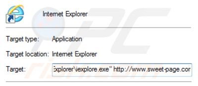  sweet-page.com vom Internet Explorer Verknüpfungsziel entfernen Schritt 2