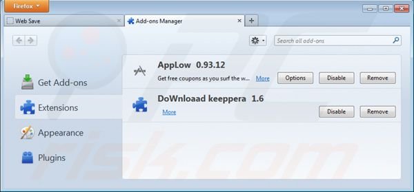 Web Save von Mozilla Firefox Erweiterungen entfernen Schritt 2