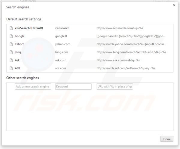 zensearch.com von Google Chrome Standardsuchmaschine Einstellungen entfernen