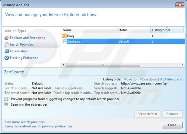 zensearch.com von Internet Explorer Standardsuchmaschine Einstellungen entfernen