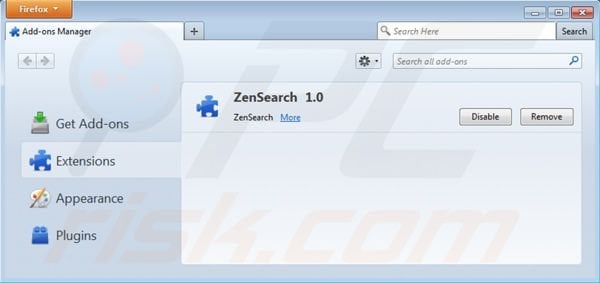 zensearch.com von Mozilla Firefox Erweiterungen entfernen