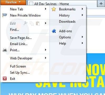 Removing All Day Savings ads from Mozilla Firefox step 1