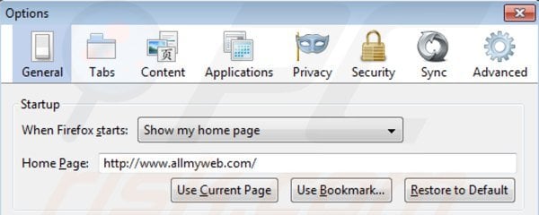 Removing allmyweb.com from Mozilla Firefox homepage