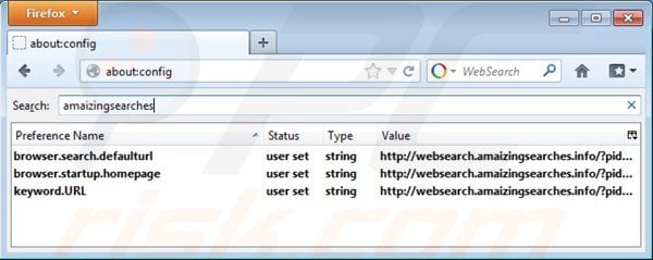 Removing websearch.amaizingsearches.info from Mozilla Firefox default search engine settings