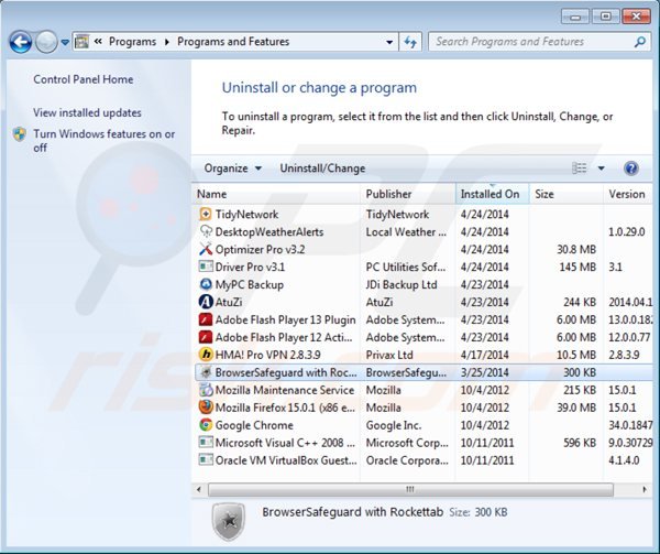 browsersafeguard uninstall via Control Panel