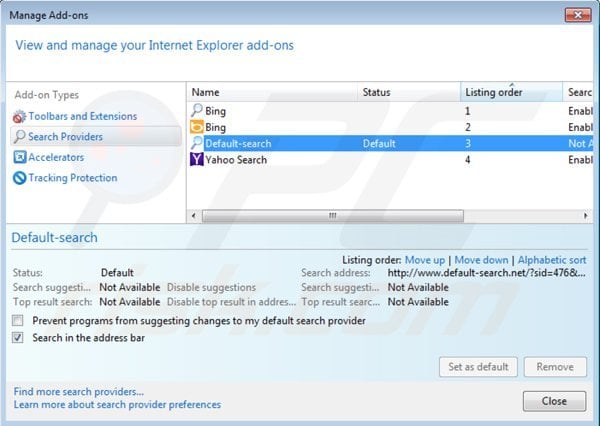 Removing default-searchnet.net from Internet Explorer default search engine settings