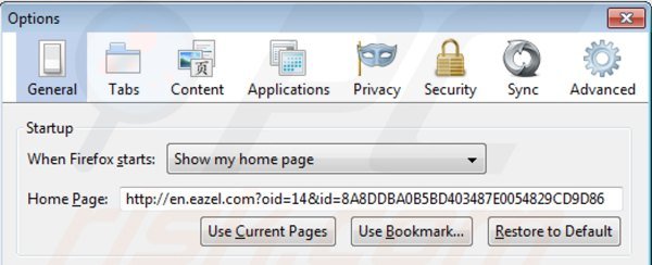 Removing eazel.com from Mozilla Firefox homepage