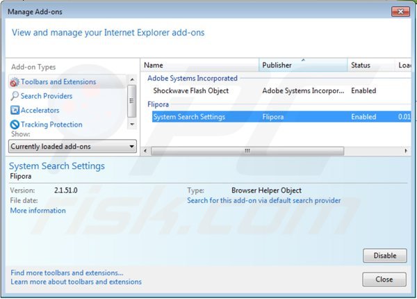 Removing static.flipora.com from Internet Explorer extensions
