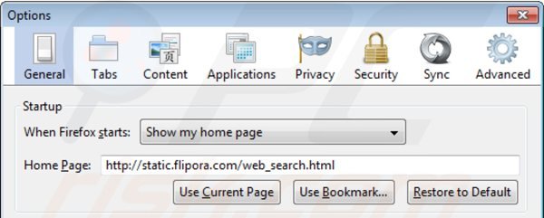 Removing static.flipora.com from Mozilla Firefox homepage