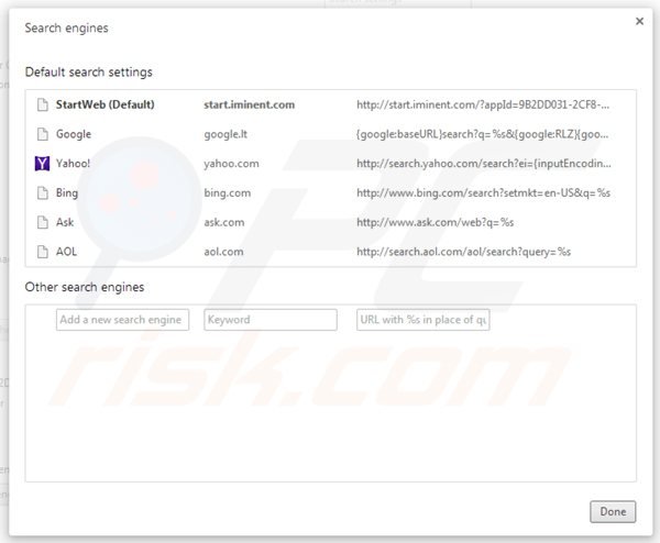 Removing start.iminent.com from Google Chrome default search engine