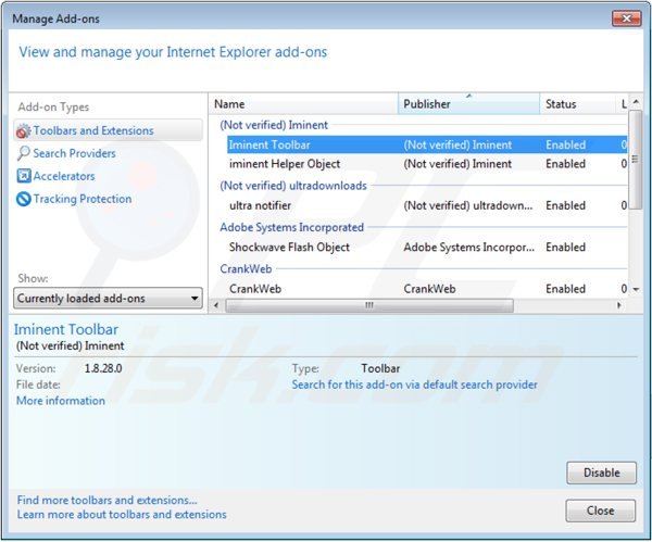 Removing iminent toolbar from Internet Explorer extensions