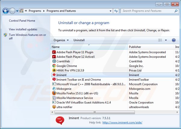 iminent toolbar uninstall via Control Panel
