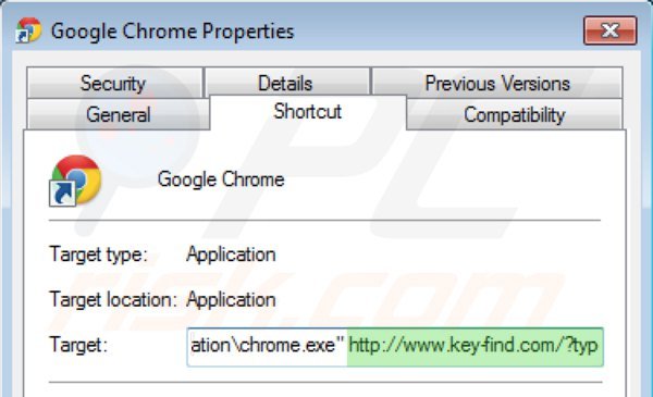 key-find.com von den Google Chrome Verknüpfungszielen entfernen Schritt 2