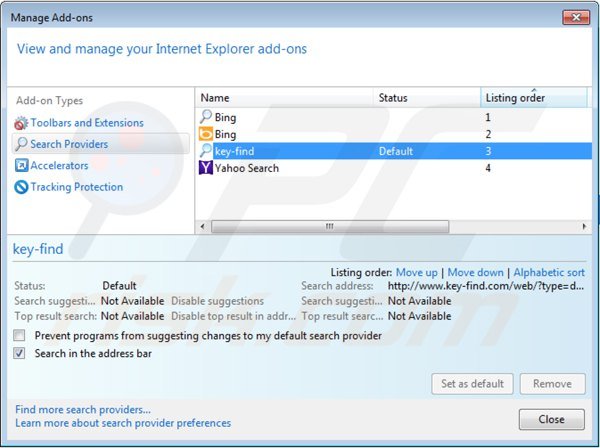 key-find.com von den Internet Explorer Standardsuchmaschineneinstellungen entfernen