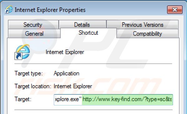 key-find.com von Internet Explorer Verknüpfungszielen entfernen Schritt 2