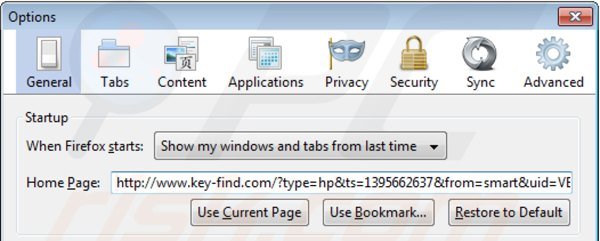 key-find.com von der Mozilla Firefox Startseite entfernen