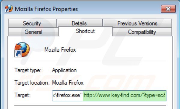 key-find.com vom Mozilla Firefox sVerknüpfungsziel entfernen Schritt 2