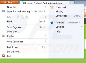 Removing onlinebrowseradvertising ads from Mozilla Firefox step 1
