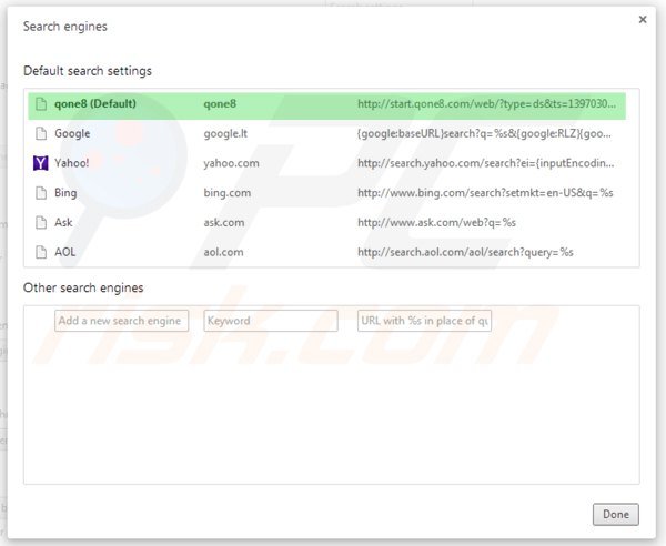 Removing start.qone8.com from Google Chrome default search engine