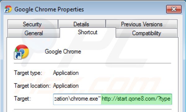 Removing start.qone8.com from Google Chrome shortcut target step 2