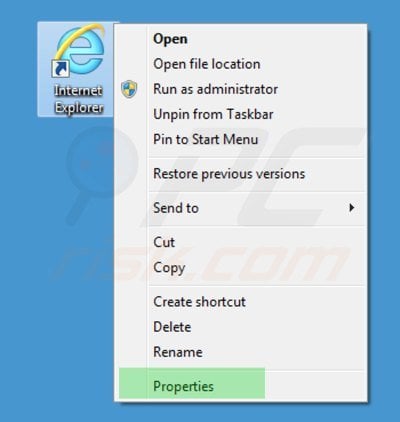 Removing start.qone8.com from Internet Explorer shortcut target step 1