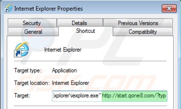 Removing start.qone8.com from Internet Explorer shortcut target step 2