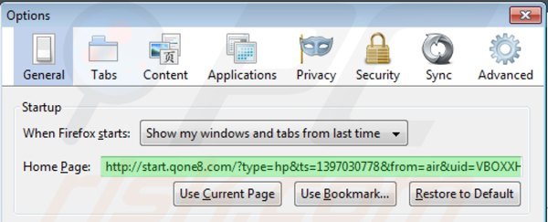 Removing start.qone8.com from Mozilla Firefox homepage