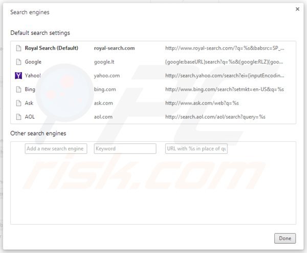 Removing royal-search.com from Google Chrome default search engine