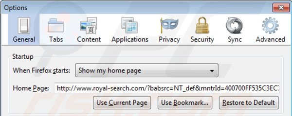 Removing royal-search.com from Mozilla Firefox homepage