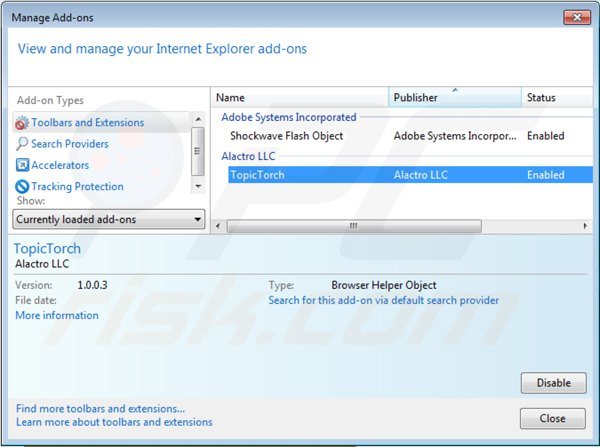 Removing topic torch from Internet Explorer step 2