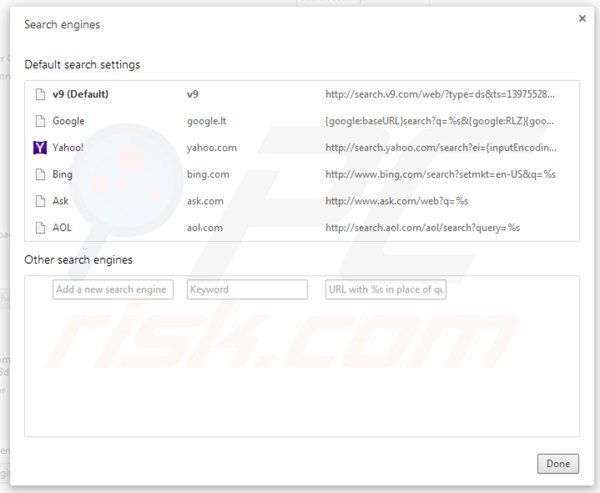 Removing v9.com from Google Chrome default search engine