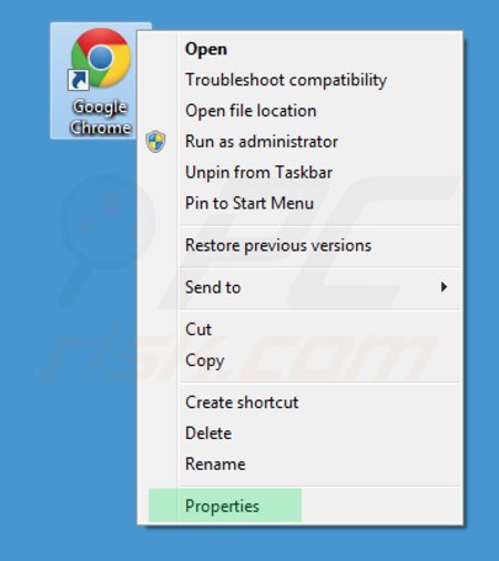 Removing v9.com from Google Chrome shortcut target step 1