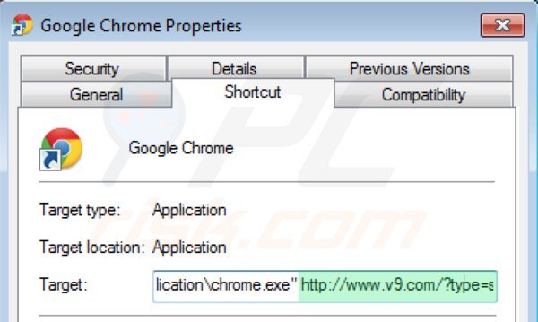 Removing v9.com from Google Chrome shortcut target step 2
