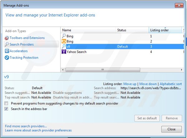 Removing v9.com from Internet Explorer default search engine