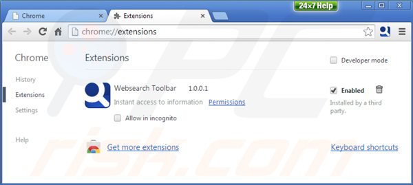 Removing websearch toolbar from Google Chrome extensions