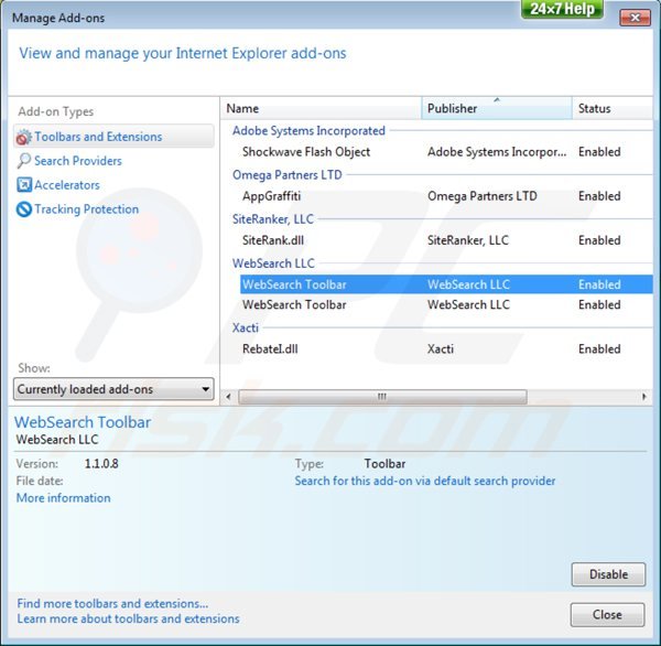 Removing websearch toolbar from Internet Explorer extensions