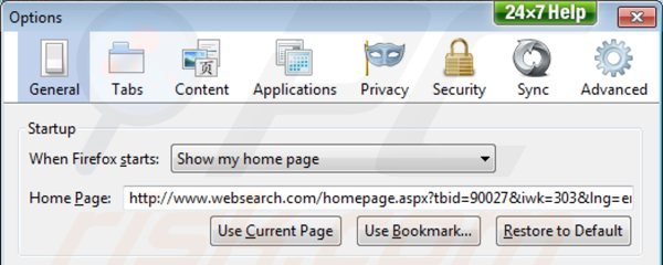 Removing websearch.com from Mozilla Firefox homepage
