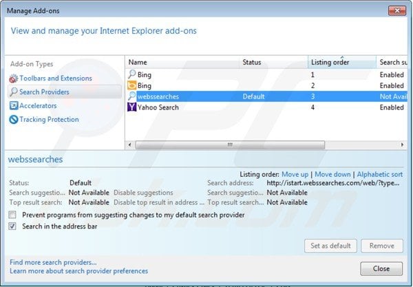 istart.webssearches.com von den Internet Explorer Standardsuchmaschineneinstellungen entfernen