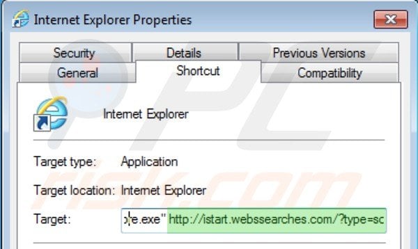 istart.webssearches.com von Internet Explorer Verknüpfungszielen entfernen Schritt 2