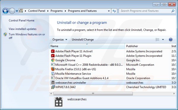 webssearches Deinstallation über Systemsteuerung