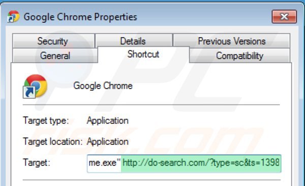 Removing 22find.com from Google Chrome shortcut target step 2