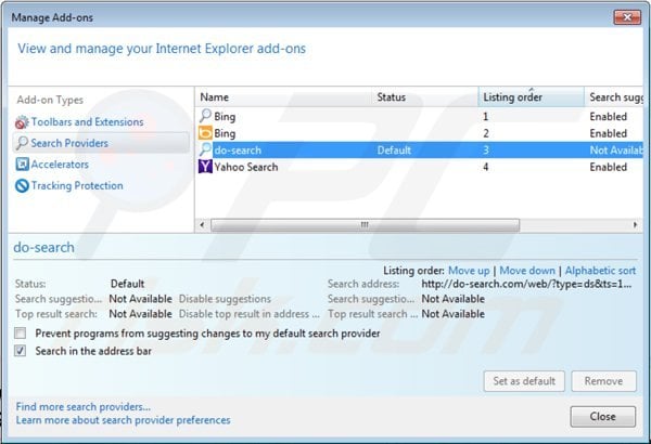 Removing 22find.com from Internet Explorer default search engine settings