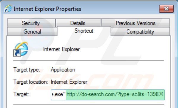 Removing 22find.com from Internet Explorer shortcut target step 2