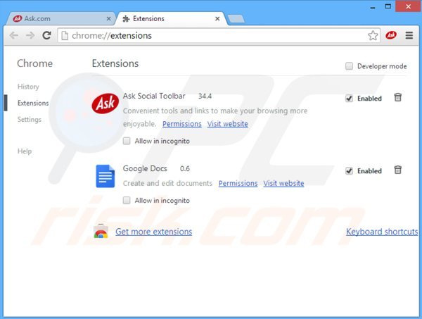 Removing ask social toolbar from Google Chrome extensions
