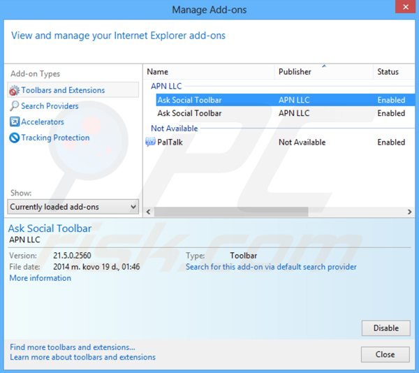 Removing ask social toolbar from Internet Explorer extensions
