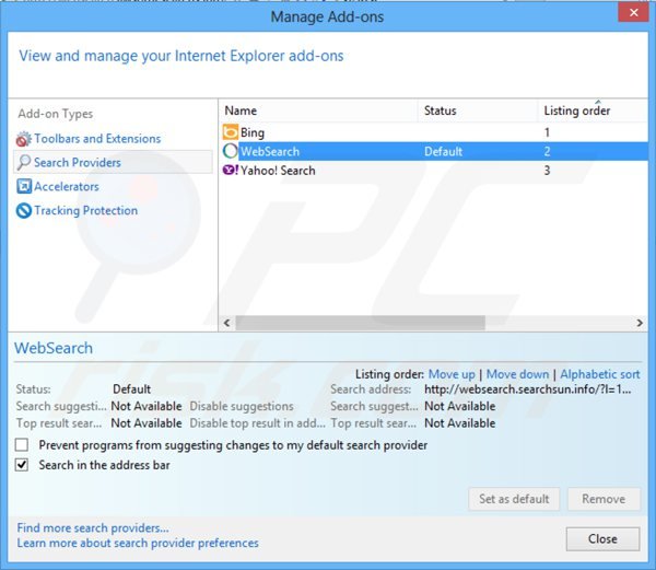 Removing websearch.awsomesearchs.info from Internet Explorer default search engine